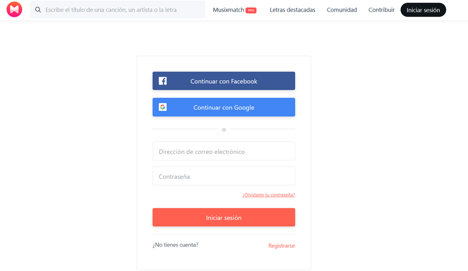 Login desde sitio web www.musixmatch.com