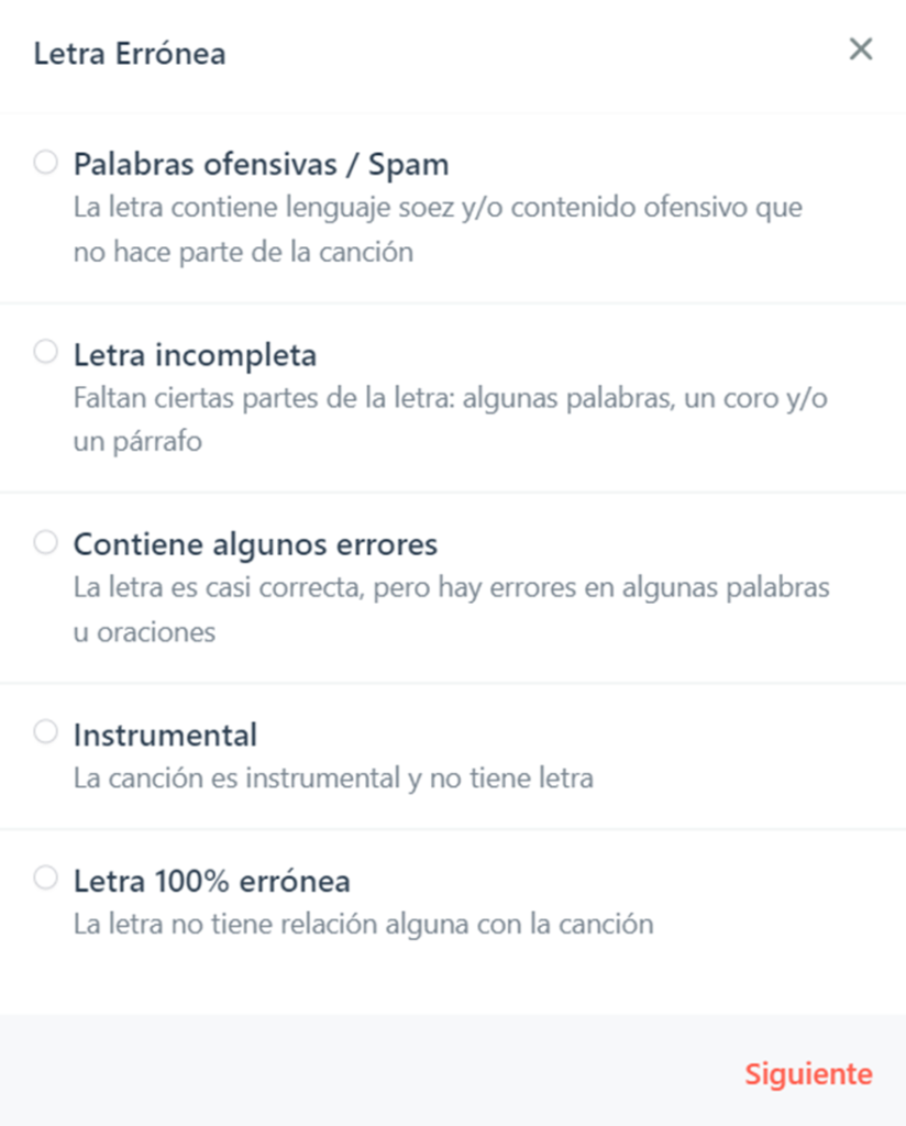 Tipos de errores a elegir al reportar una letra en Musixmatch
